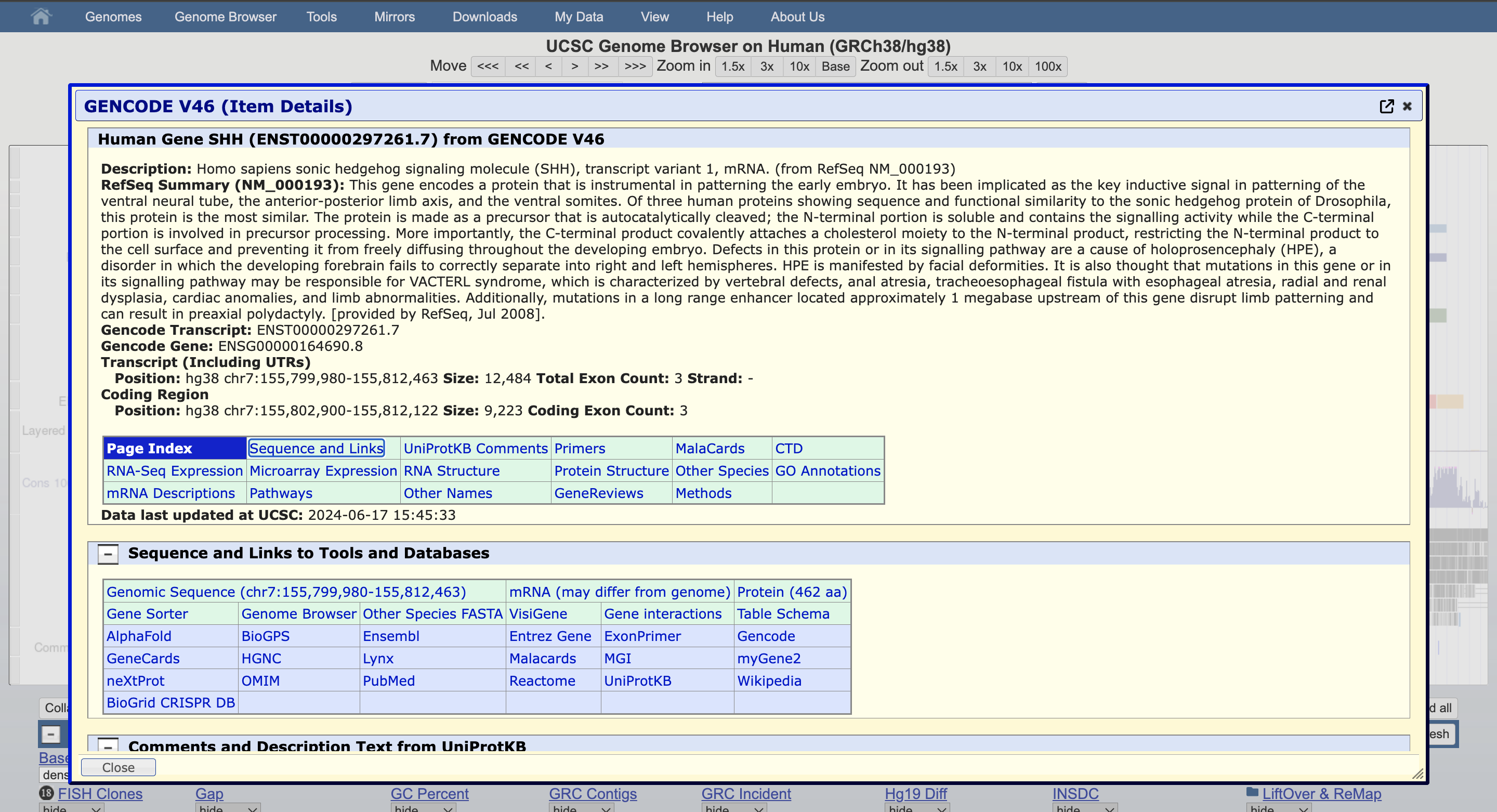 Item details popup displaying gene information for a UCSC Known Gene entry